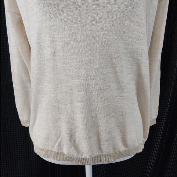 LOFT! LINEN+!CREAMY OATMEAL & GOLD TRIM LIGHTWEIGHT 3/4 SLEEVE SWEATER TOP! SZ S - Picture 4 of 9